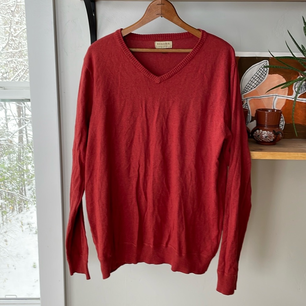 Sonoma Orange Red Lightweight Cotton V Neck Sweater Size Large